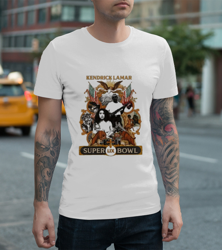 Kendrick Lamar Super Bowl LIX American Iconography Collage T-Shirt