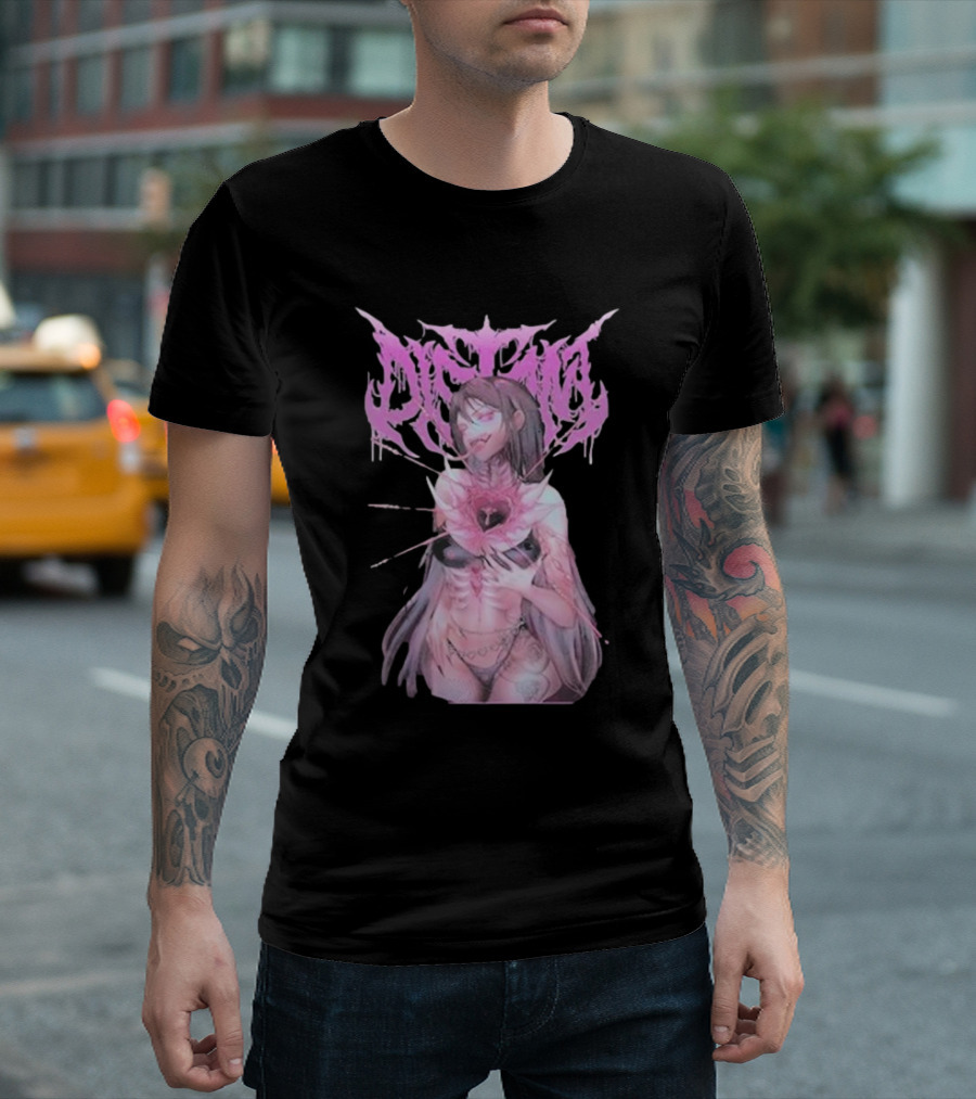 Distant Pink Anime Character with Heart Tattoo T-Shirt