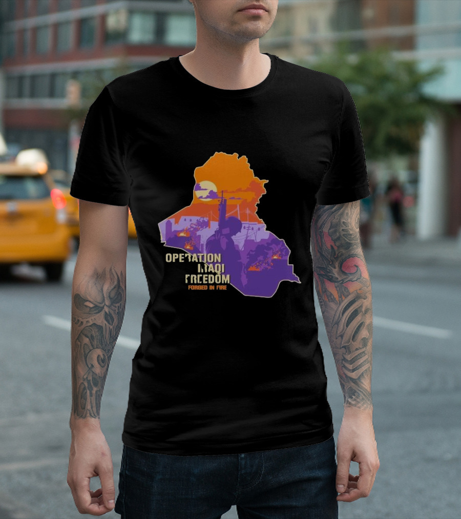 Operation Iraqi Freedom Forged In Fire Sunset Silhouette Map T-Shirt