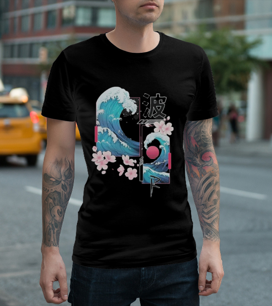 Pandorya Nami Cherry Blossom Wave Aesthetic Grnk T-Shirt