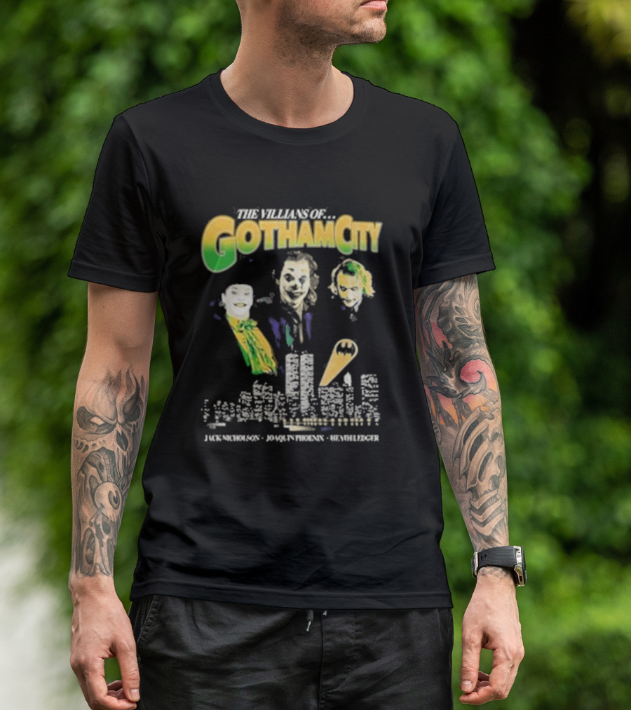 The Villains Of Gotham City Jack Nicholson Joaquin Phoenix Heath Ledger Joker Trio T-Shirt