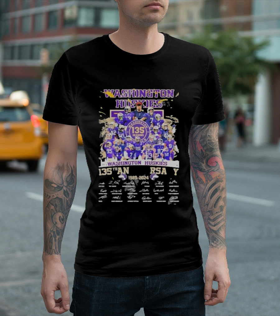 Washington Huskies 135 Seasons Anniversary 1989-2024 Team Signatures T-Shirt