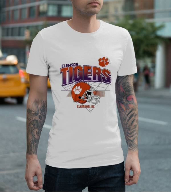 Clemson Tigers Football Helmet Logo Clemson SC Grid Paw Prints T-Shirt