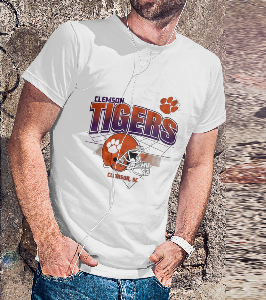 Clemson Tigers Football Helmet Logo Clemson SC Grid Paw Prints T-Shirt