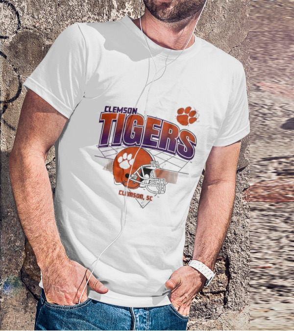 Clemson Tigers Football Helmet Logo Clemson SC Grid Paw Prints T-Shirt