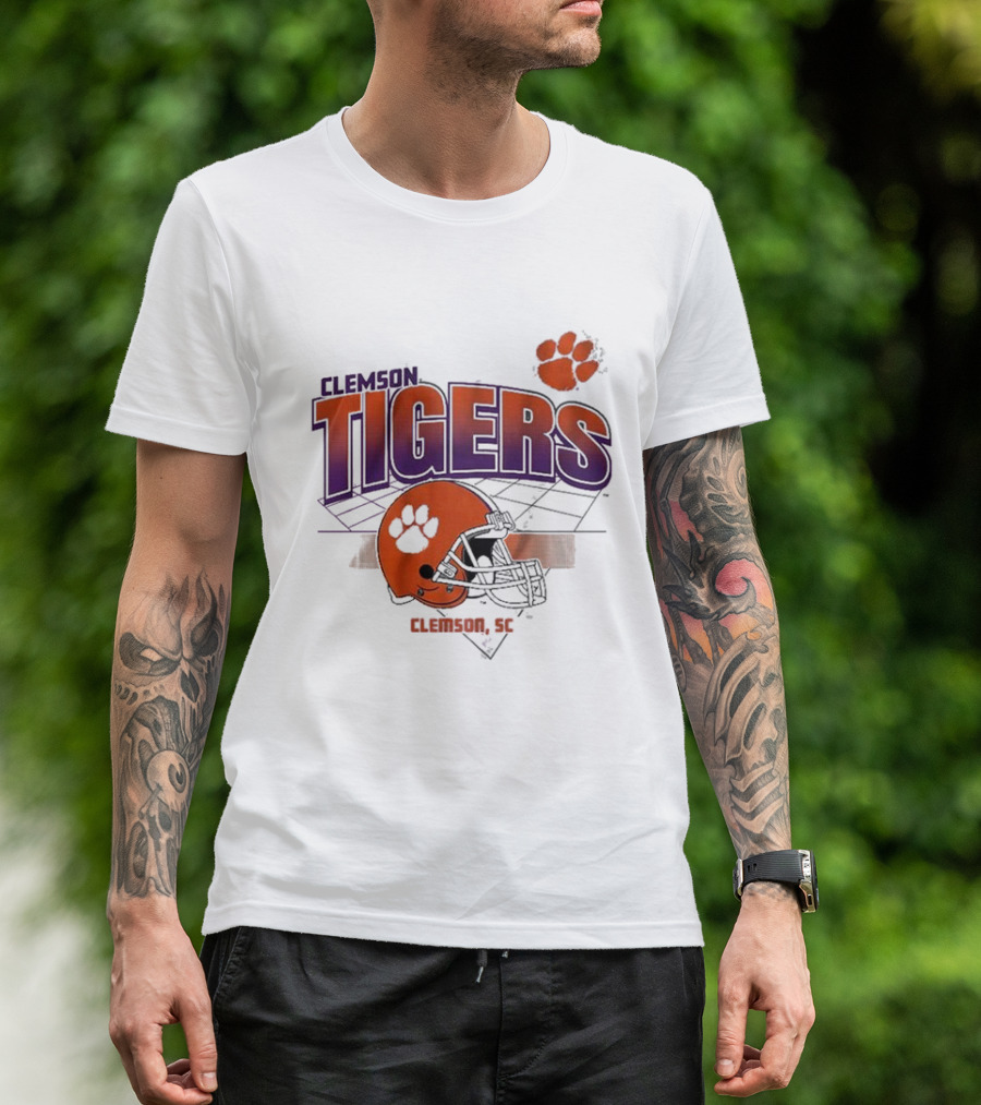 Clemson Tigers Football Helmet Logo Clemson SC Grid Paw Prints T-Shirt