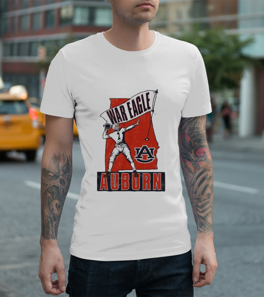 Auburn War Eagle Vintage Football Player With Auburn Logo And War Eagle Banner T-Shirt