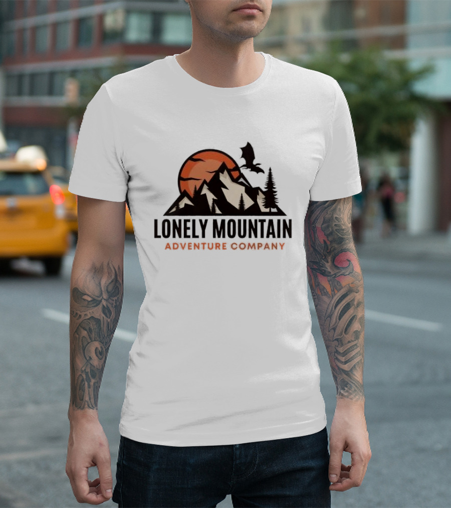 Lonely Mountain Adventure Company Dragon and Sunset Mountain Scene T-Shirt