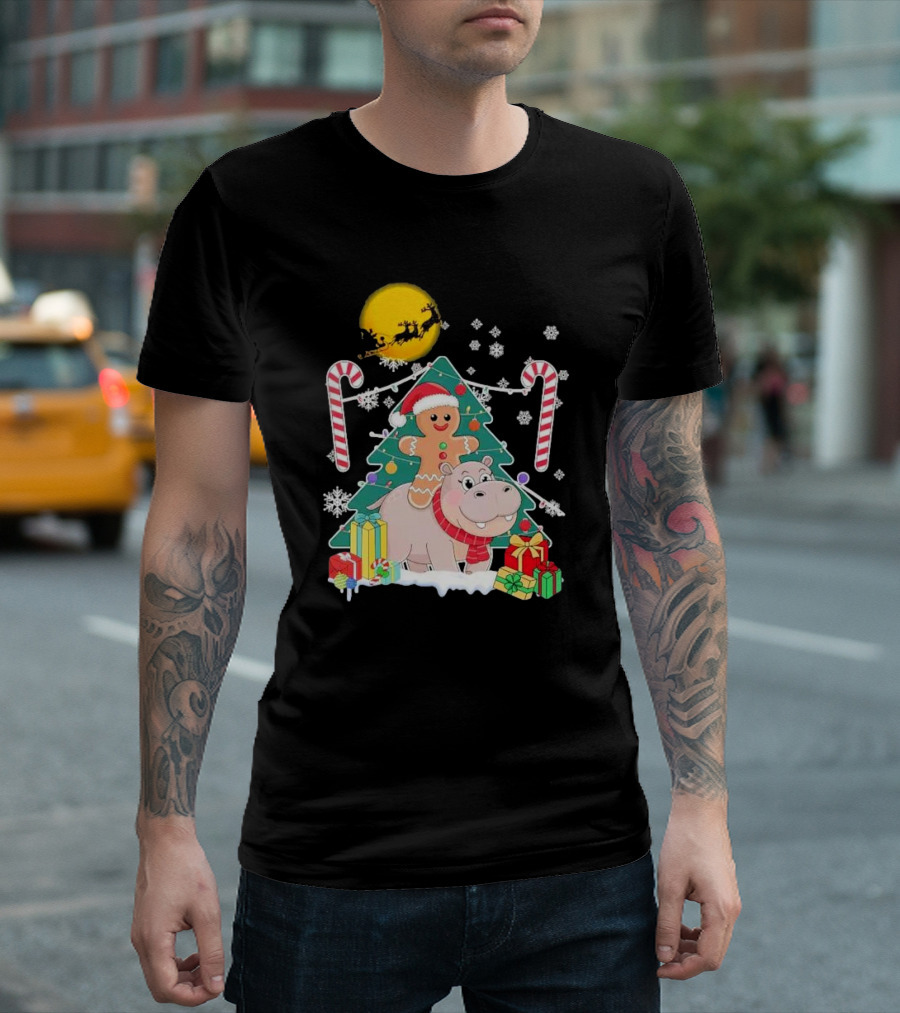 Santa Gingerbread Riding Hippo Christmas Candy Canes Snowflake Christmas Tree T-Shirt
