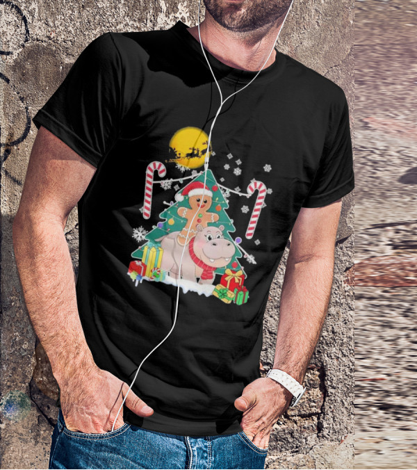 Santa Gingerbread Riding Hippo Christmas Candy Canes Snowflake Christmas Tree T-Shirt