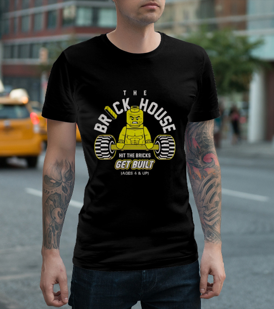 The Brick House Hit The Bricks Get Built Ages 4 and Up Yellow Lego Weightlifter T-Shirt