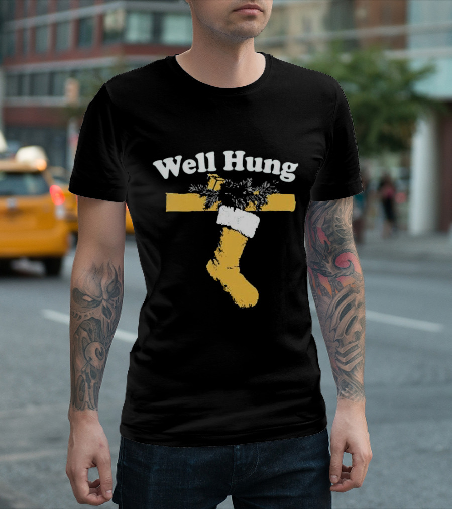 Well Hung Christmas Stocking Shot With Garland And Gift T-Shirt