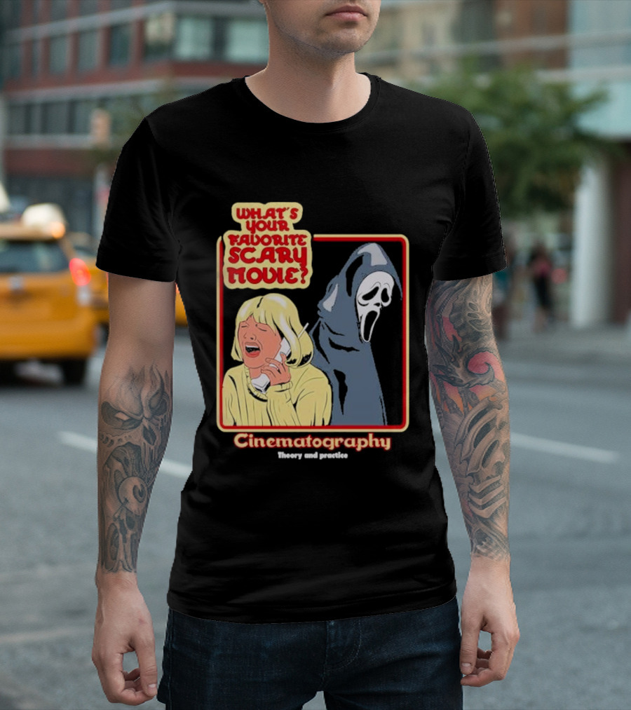 What’s Your Favorite Scary Movie Cinematography Theory and Practice Ghost Mask Girl on Phone T-Shirt