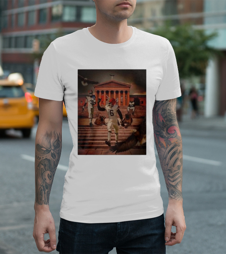 Cleveland Browns Vs. Philadelphia Eagles 2024 NFL Week 6 Showdown At Iconic Landmark With Eagles And Football Players T-Shirt