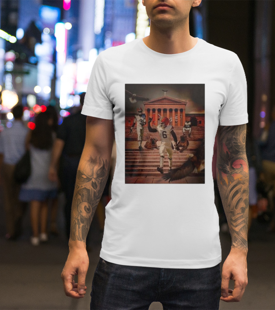 Cleveland Browns Vs. Philadelphia Eagles 2024 NFL Week 6 Showdown At Iconic Landmark With Eagles And Football Players T-Shirt