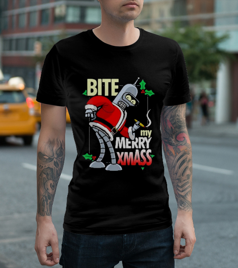 Bite My Merry Xmass Santa Robot Smoking Cigar T-Shirt