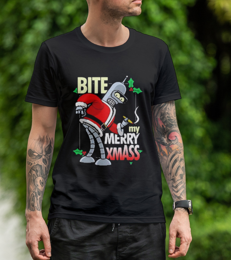 Bite My Merry Xmass Santa Robot Smoking Cigar T-Shirt