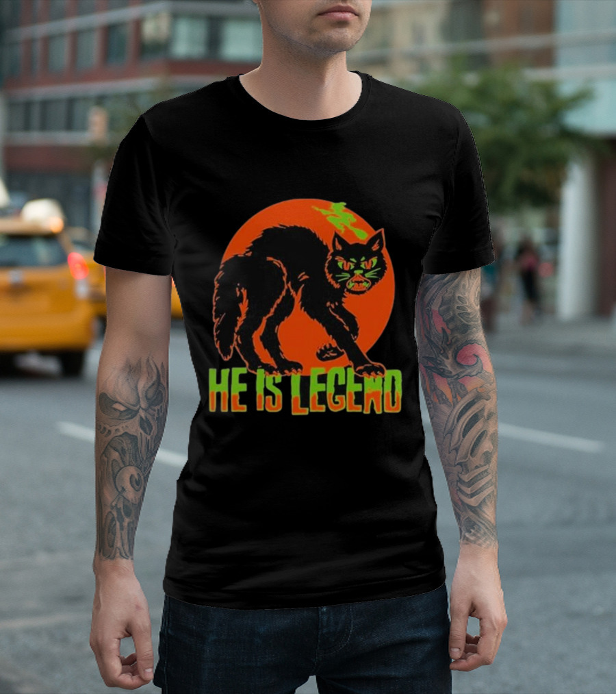 He Is Legend Spooky Cat Halloween Orange Moon Green Text T-Shirt