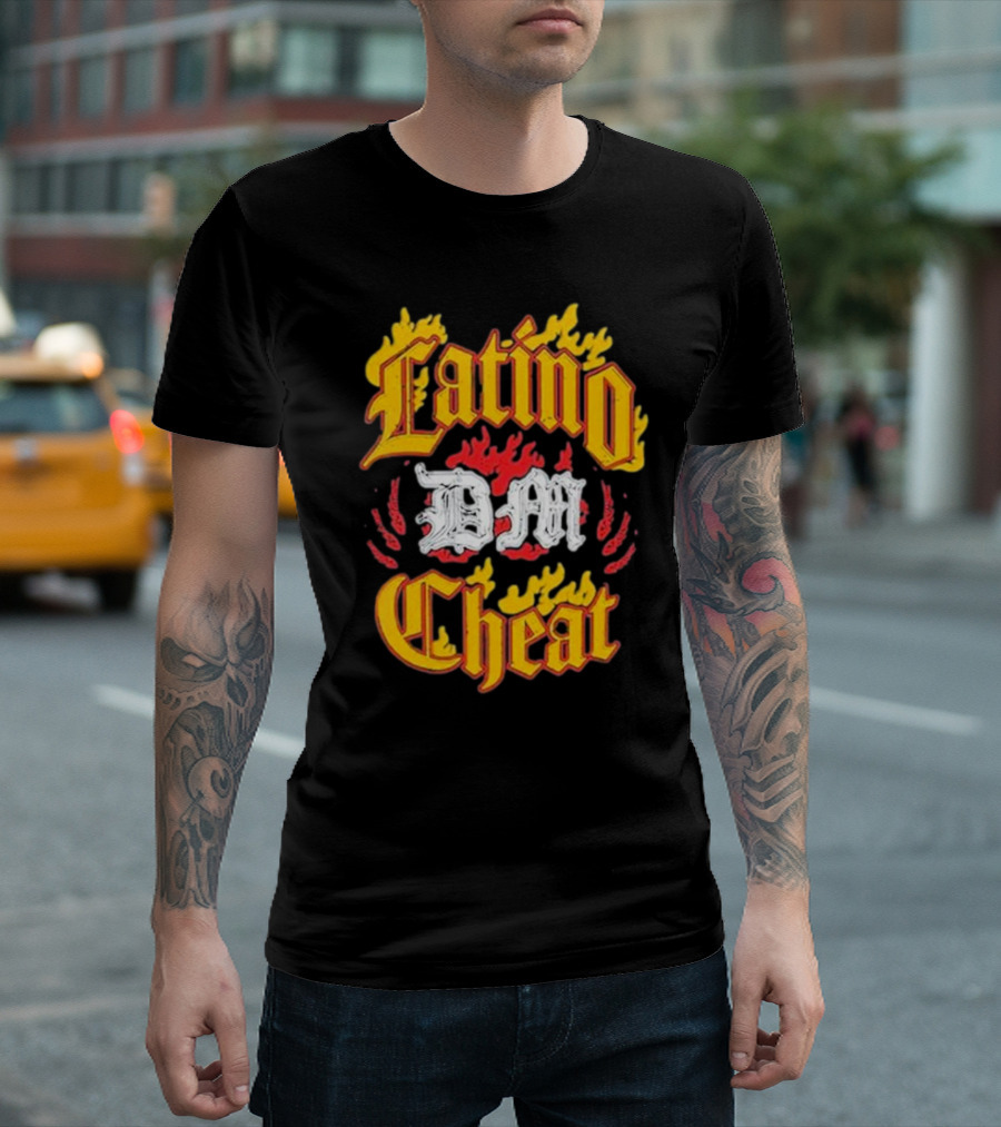 Latino DM Cheat Flames and Gothic Text T-Shirt