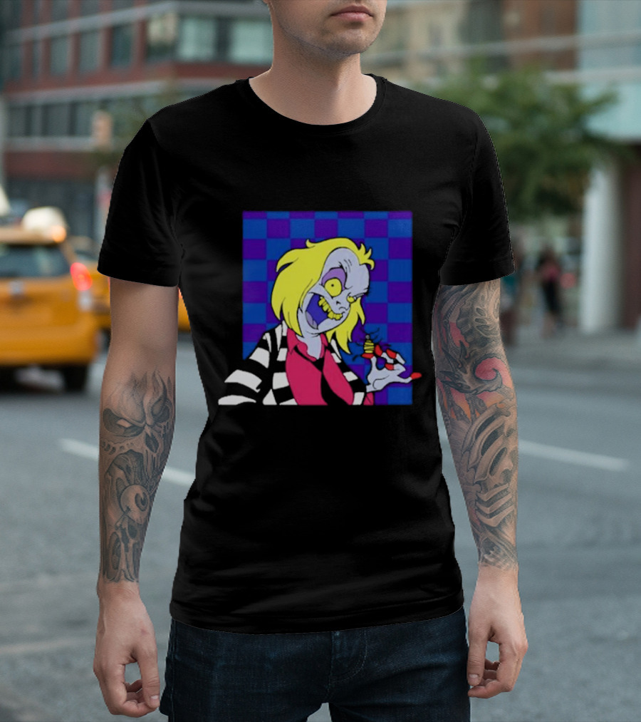 Pan Pizza Beetlejuice Cartoon Checkered Background T-Shirt