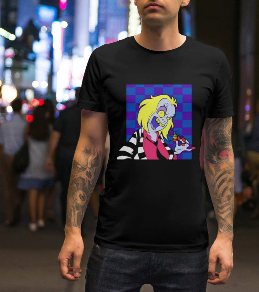 Pan Pizza Beetlejuice Cartoon Checkered Background T-Shirt