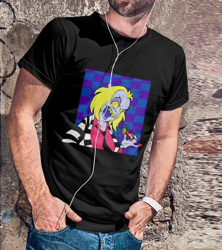 Pan Pizza Beetlejuice Cartoon Checkered Background T-Shirt
