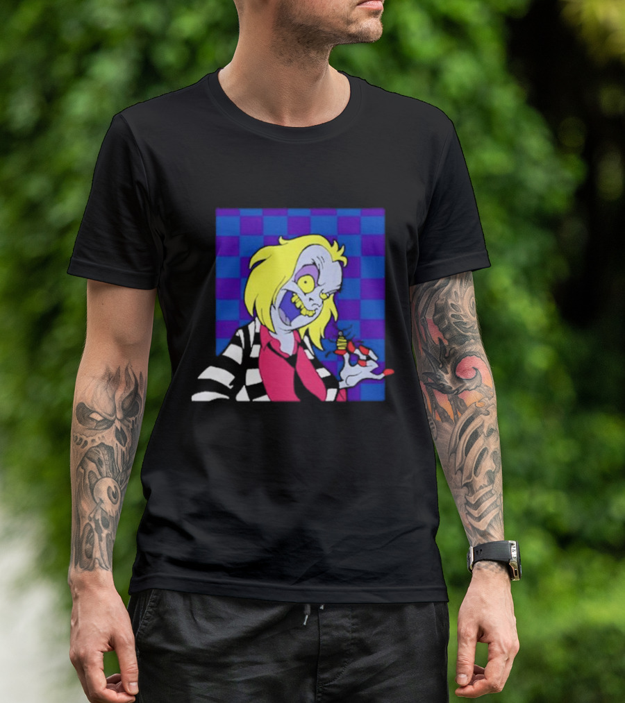 Pan Pizza Beetlejuice Cartoon Checkered Background T-Shirt