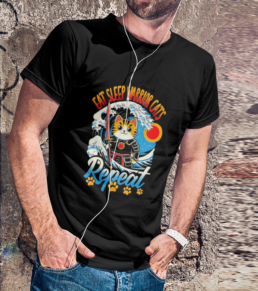 Eat Sleep Warrior Cats Repeat Great Wave Samurai Cat T-Shirt