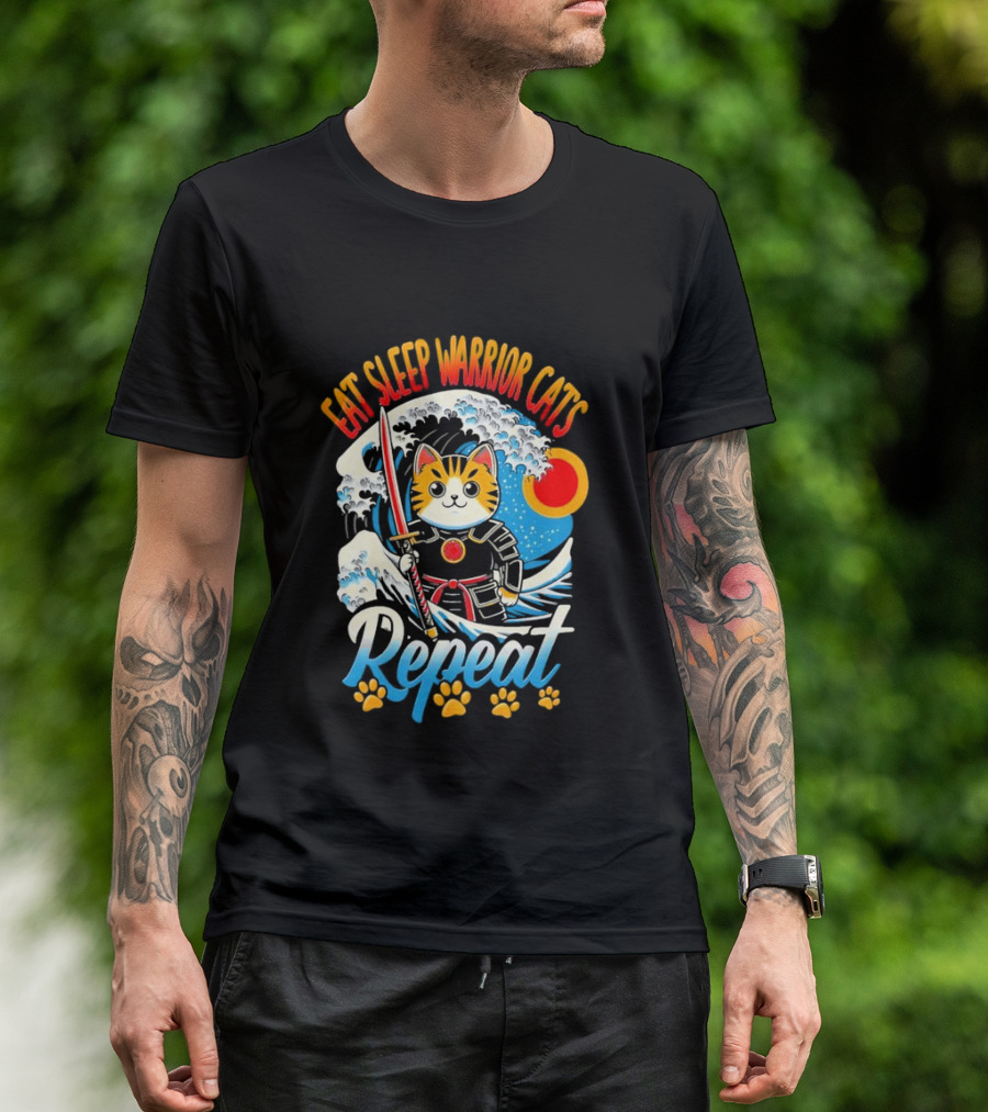 Eat Sleep Warrior Cats Repeat Great Wave Samurai Cat T-Shirt