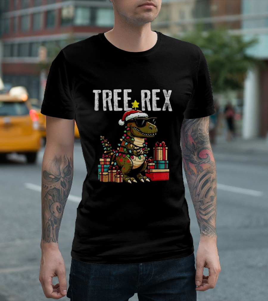 Christmas Dinosaur Tree Rex Xmas Trex Santa Hat and Presents T-Shirt