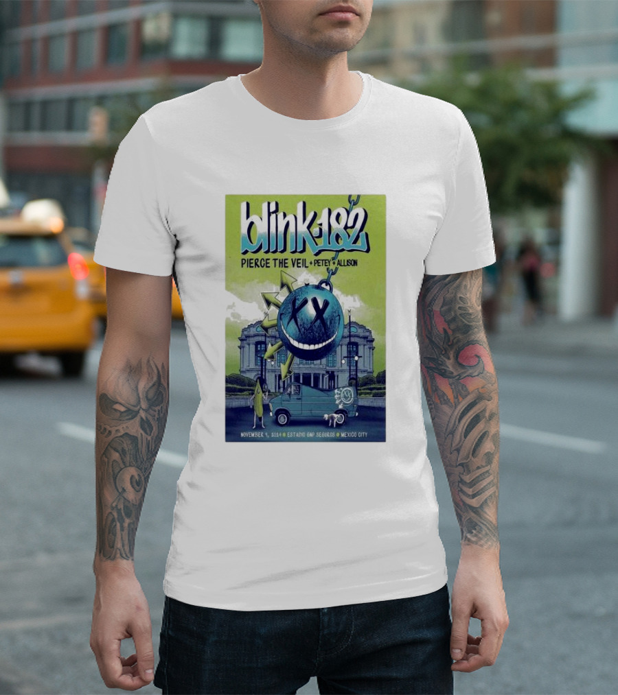 Blink 182 November 9 2024 Mexico City Estadio GNP Seguros Concert with Pierce the Veil Petey Allison T-Shirt
