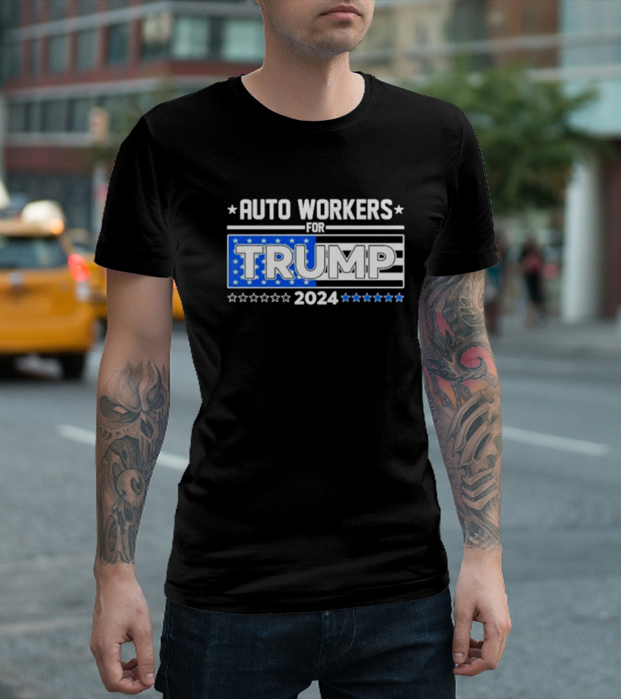 Auto Workers For Trump 2024 Detroit Stars Stripes Blue T-Shirt