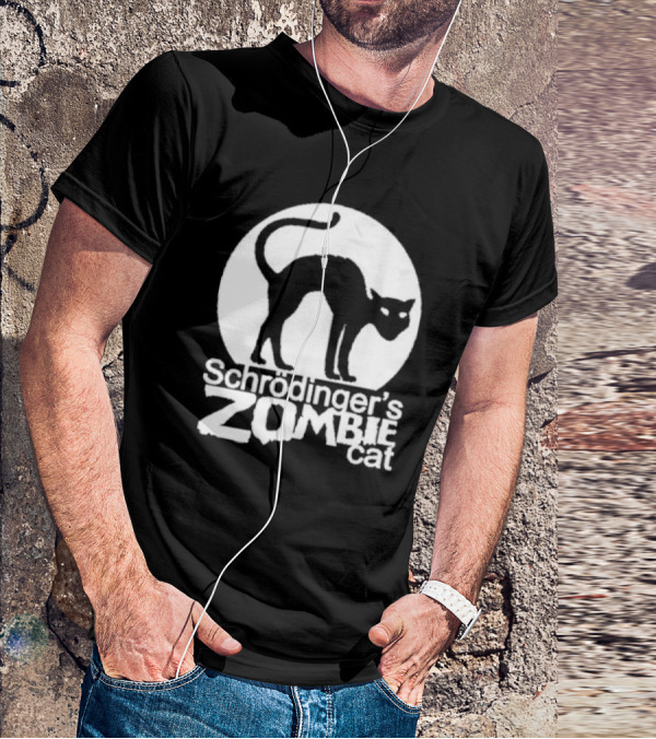Schrodinger's Zombie Cat Black Silhouette With Round Moon Background T-Shirt