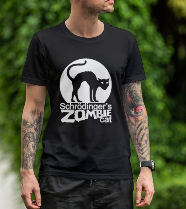Schrodinger's Zombie Cat Black Silhouette With Round Moon Background T-Shirt