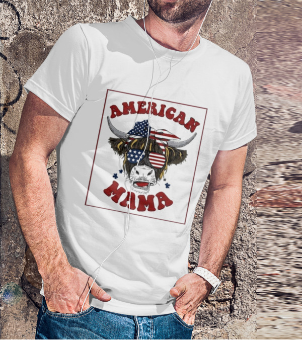 American Mama Cow Patriotic Flag Bandana And Glasses T-Shirt