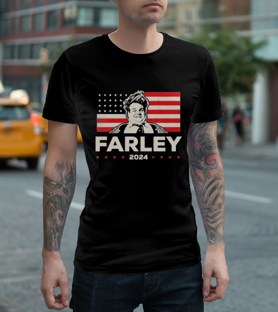 Farley 2024 Stars and Stripes Campaign Poster with Flag Background T-Shirt