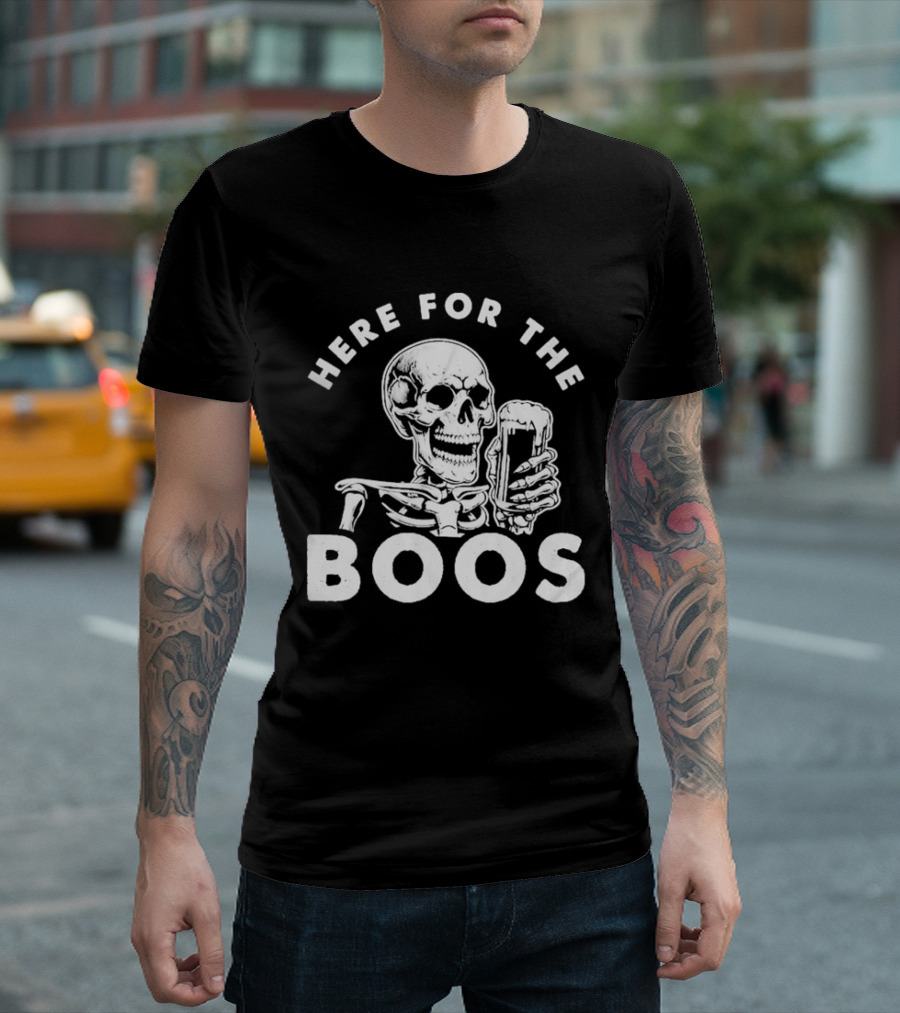 Halloween Skeleton With Beer Here For The Boos T-Shirt
