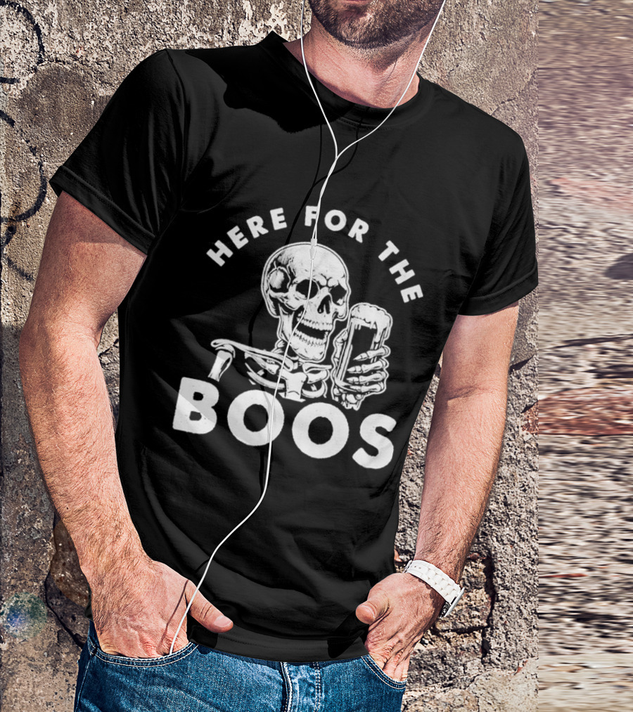 Halloween Skeleton With Beer Here For The Boos T-Shirt