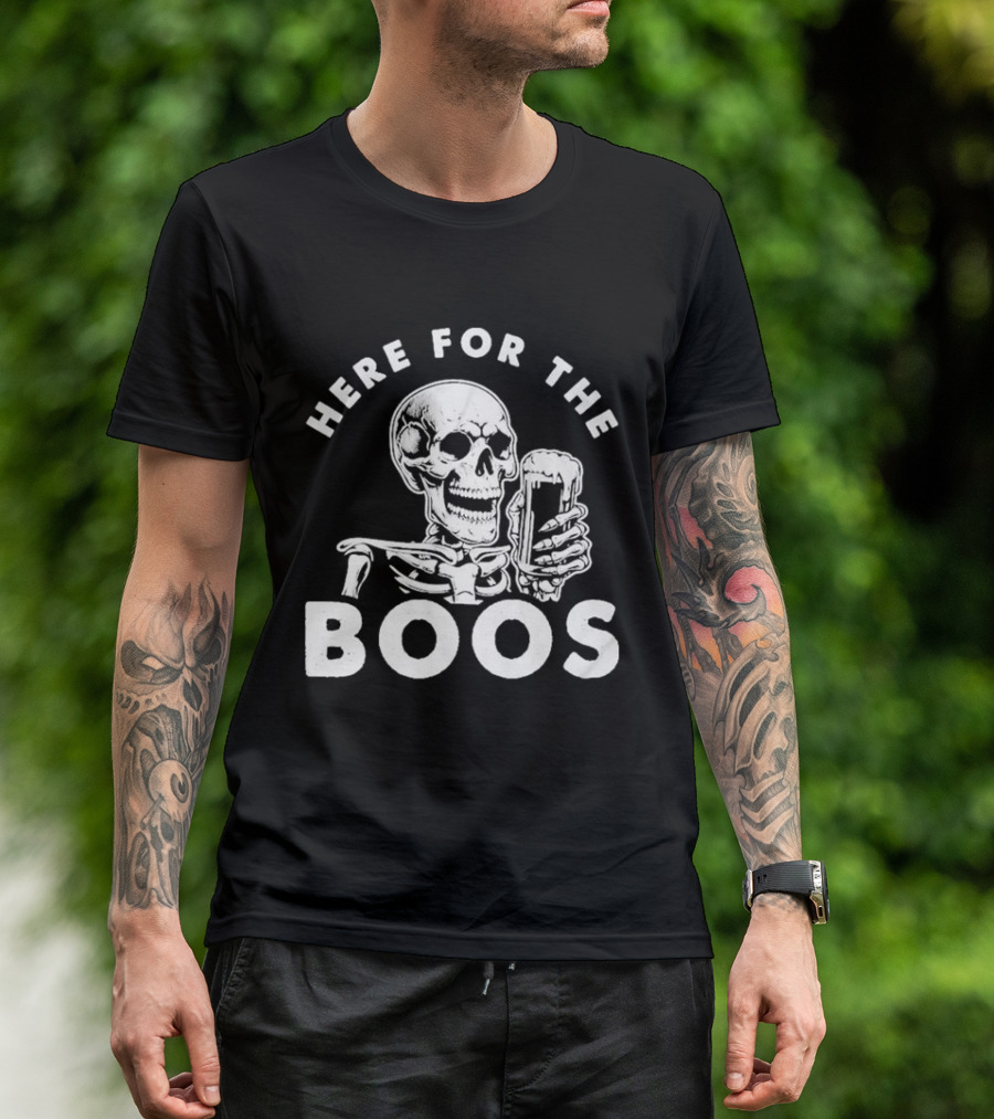 Halloween Skeleton With Beer Here For The Boos T-Shirt