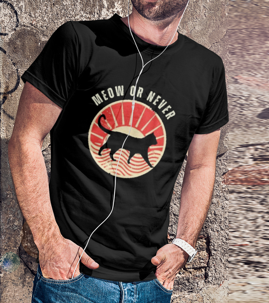 Meow Or Never Retro Sunset Cat T-Shirt