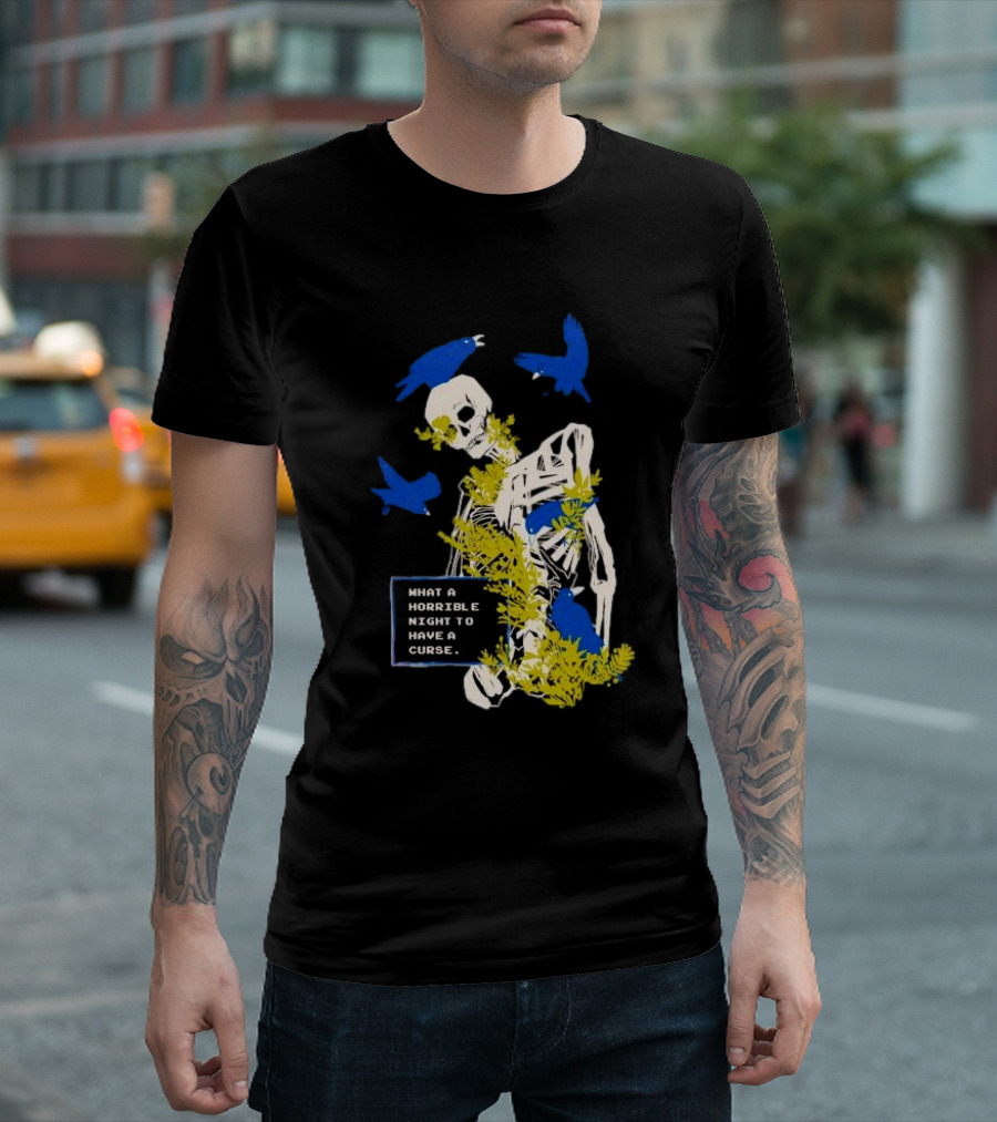 Bandage Brigade Skeleton With Blue Birds And Vines What A Horrible Night To Have A Curse T-Shirt