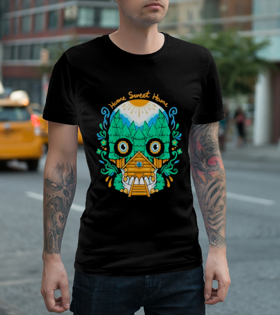 Home Sweet Home Nature Skull with Cabin in Spooky Atmosphere T-Shirt