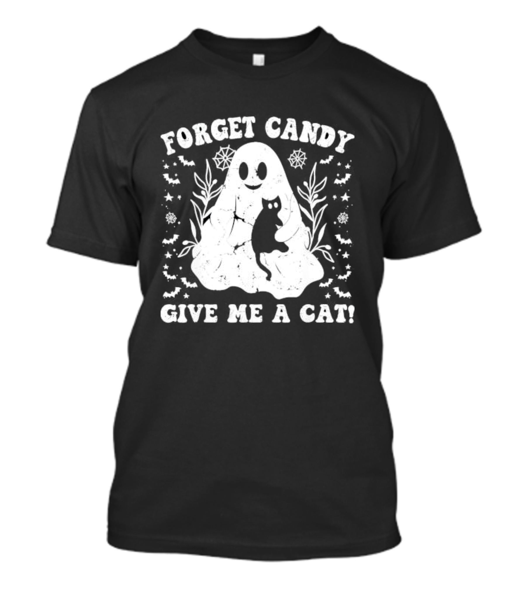 Forget Candy Give Me A Cat Halloween Ghost With Cat And Bats T-Shirt