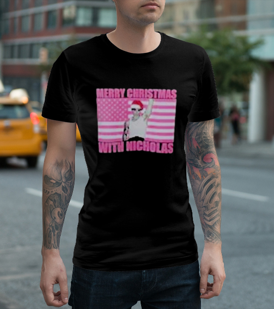 Merry Christmas With Nicholas Festive Santa Hat USA Flag T-Shirt