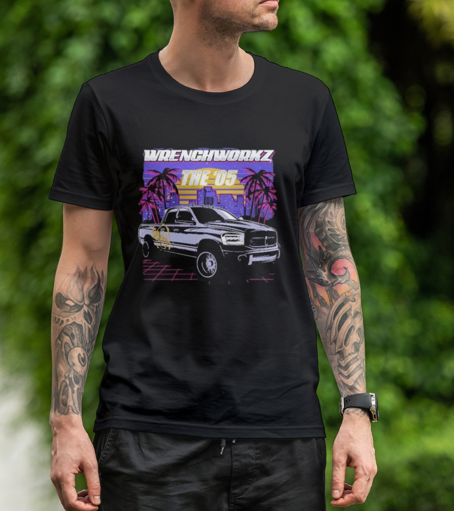 Wrench Workz The '05 Retro Truck And Palm Trees Neon Cityscape T-Shirt