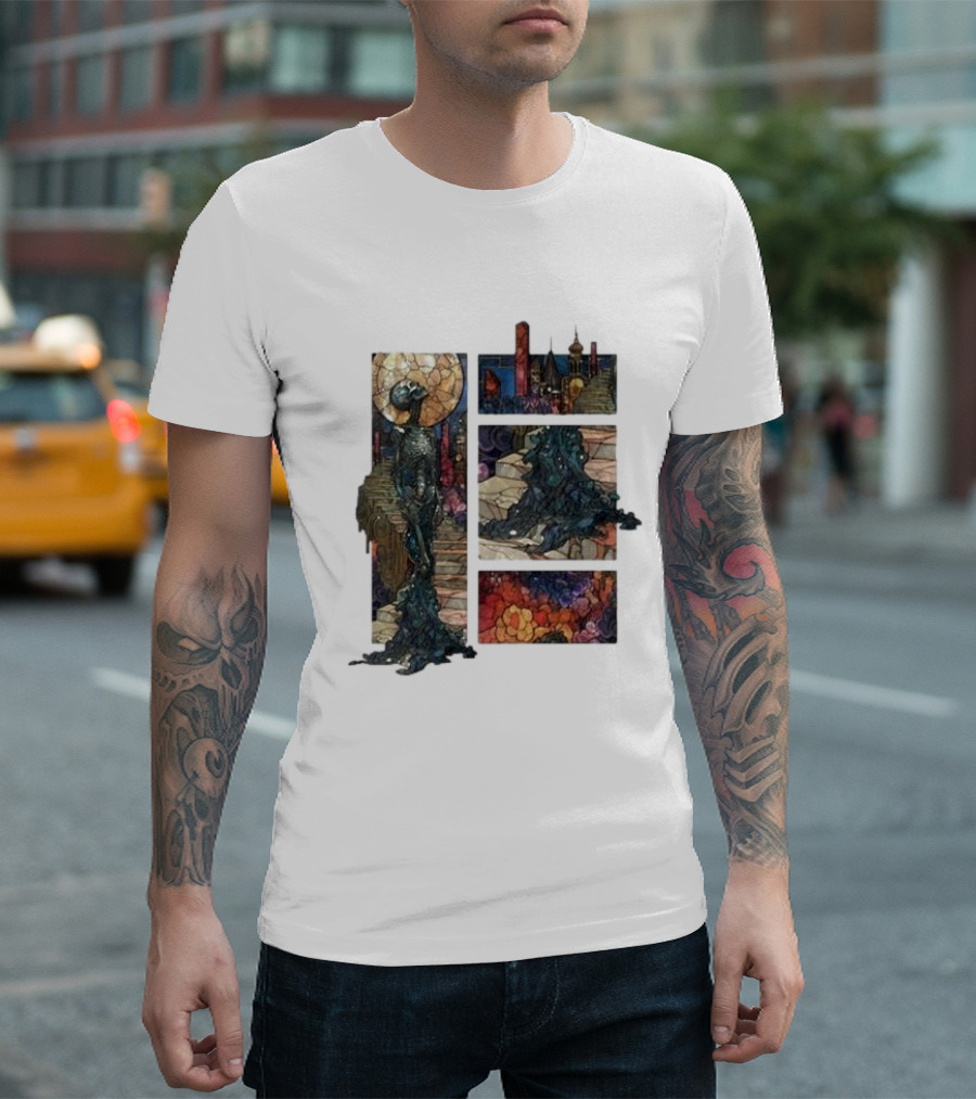 Zedd Descensus 2024 Stained Glass Fantasy Cityscape with Skeleton and Moon T-Shirt