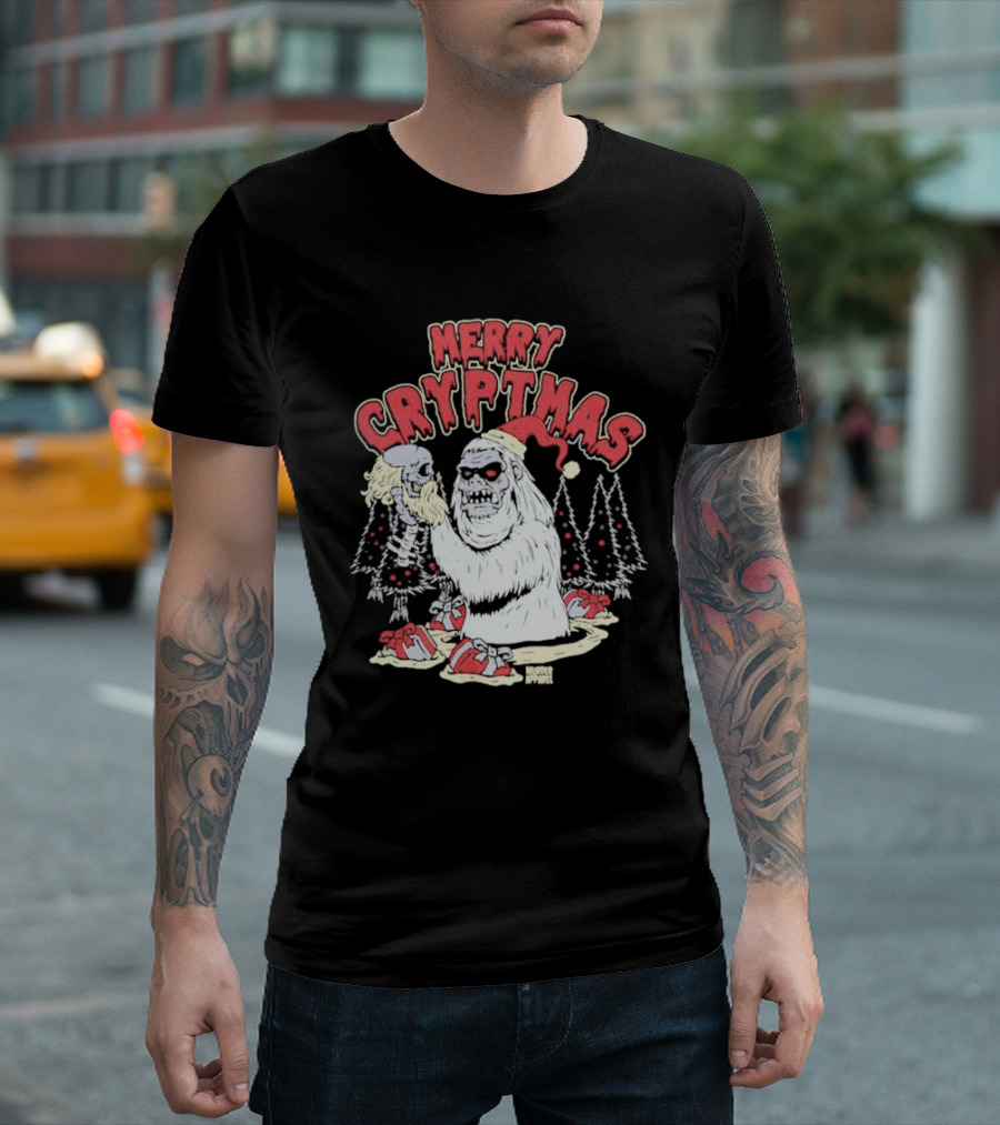Merry Cryptmas Yeti Skull Santa Dark Humor T-Shirt