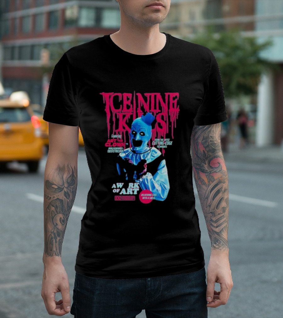 Rock Abilia Ice Nine Kills Black Featuring Art the Clown Cutting Edge Delivering Cake with a Smile T-Shirt