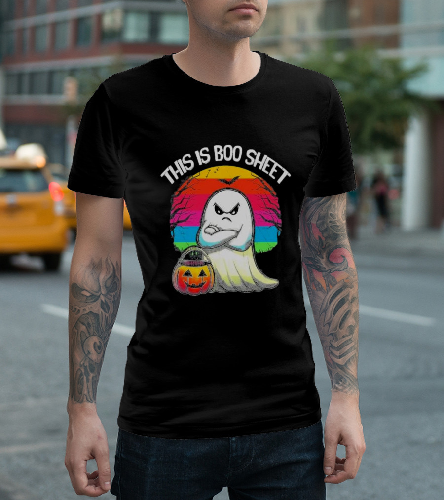 This Is Boo Sheet Angry Ghost Halloween with Jack-o'-Lantern Sunset Sky T-Shirt