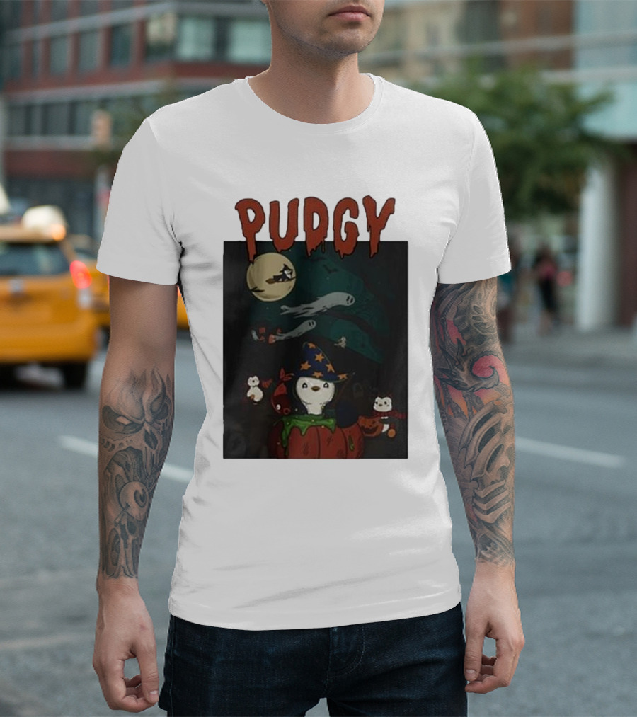 Pudgy Penguins Witch Hat Spooky Ghosts Halloween Scene T-Shirt